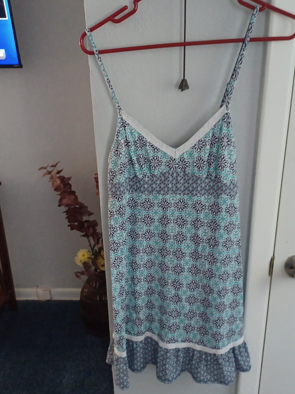 Artisan Aqua and White Floral Lace-Trim Chemise